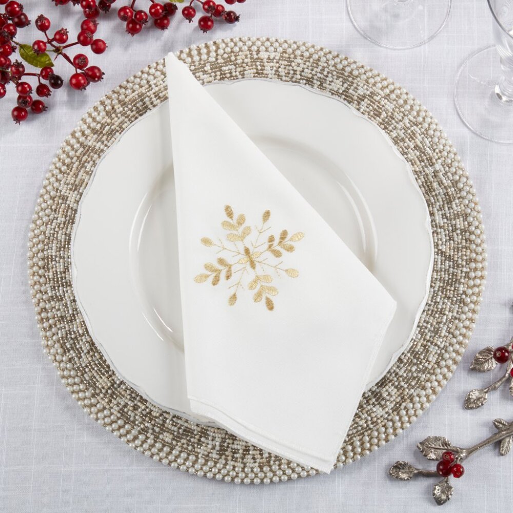 White Embroidered Snowflake 20" Set of 4 Dinner Napkin Set